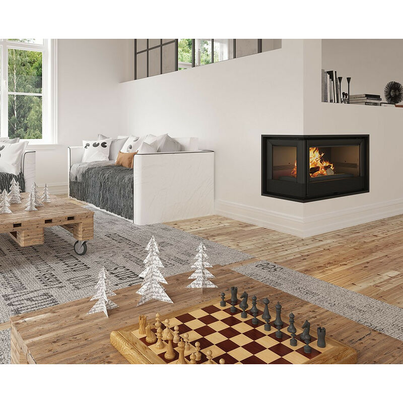 Azura Home Design - Insert cheminée à bois Holguin avec turbine 17,5 kW 2 vitres gauche + 2 bouches recuperateur - Prise d'air exterieur: avec