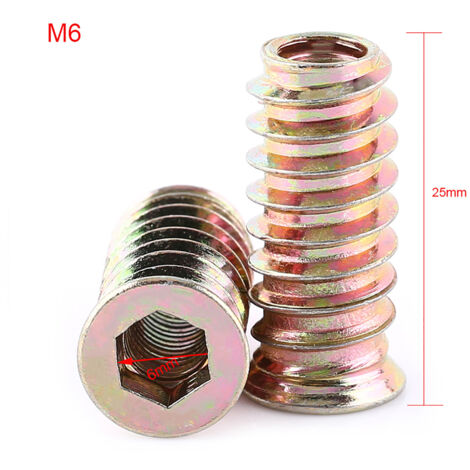 Insert filetée en acier pour meubles en bois, écrou hexagonal à empreinte interne (M6 x 25mm)