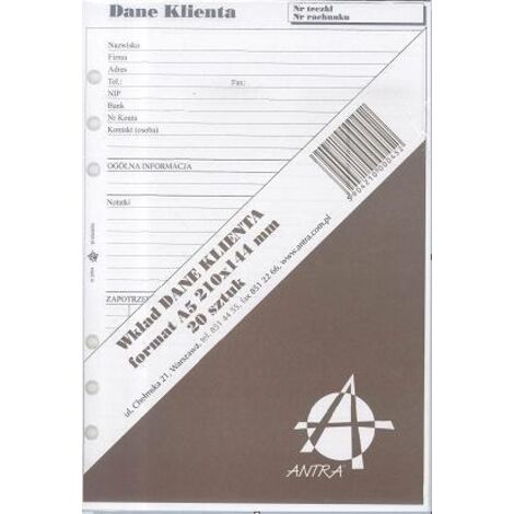 Inserto per organizer A5 ANTRA dati cliente
