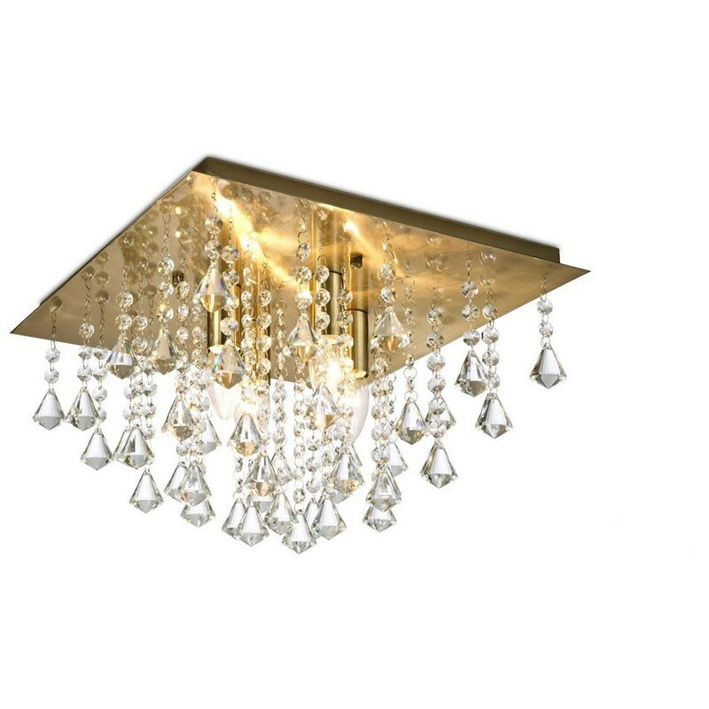 Image of Inspired Lighting - Inspired Deco - Acton - Plafoniera a filo 4 luci E14, quadrato 380mm, ottone antico, cristallo prisma