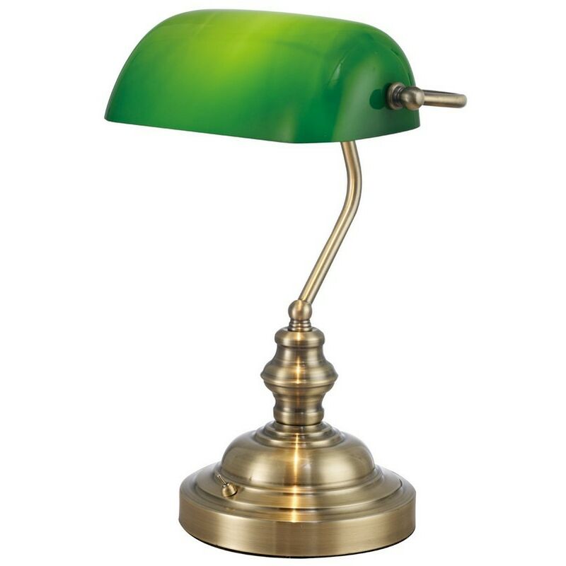 Inspired Lighting - Inspired Deco - Morgan - Lampe de table Bankers 1 lumière E27 laiton antique, verre vert