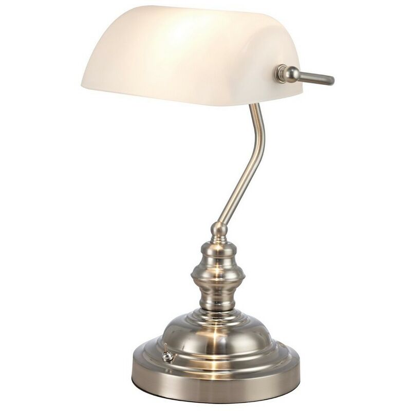 

Inspired Deco - Morgan - Lámpara de mesa Bankers 1 luz E27 Níquel satinado, vidrio blanco