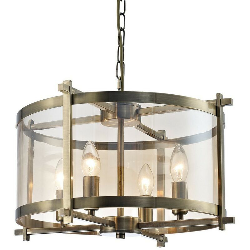 

Inspired Deco - Nolan - Lámpara colgante de techo cilíndrica 4 luces E14 Latón envejecido, Vidrio ámbar