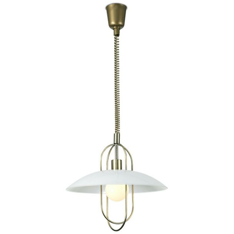 Image of Inspired Lighting - Inspired Deco - Riva - Lampadario Rise & Fall Dome E27, ottone antico, paralume in vetro bianco opalino