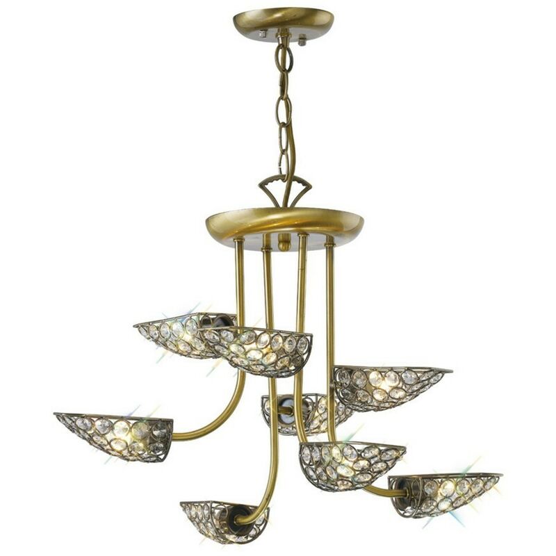 Image of Inspired Lighting - Inspired Diyas - Ashton - Pendente semi filo soffitto 8 luci in ottone antico, cristallo