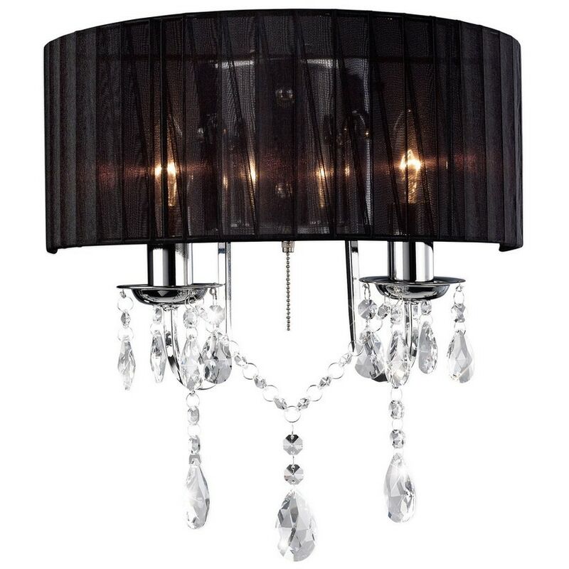 Image of Inspired Lighting - Inspired Diyas - Olivia - Lampada da parete accesa con paralume nero a 2 luci cromo lucido, cristallo