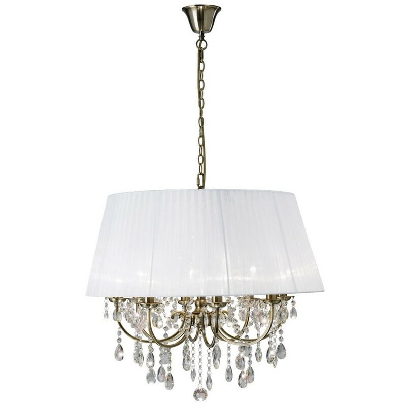 Image of Inspired Lighting - Inspired Diyas - Olivia - Sospensione a soffitto con paralume bianco 8 luci in ottone antico, cristallo