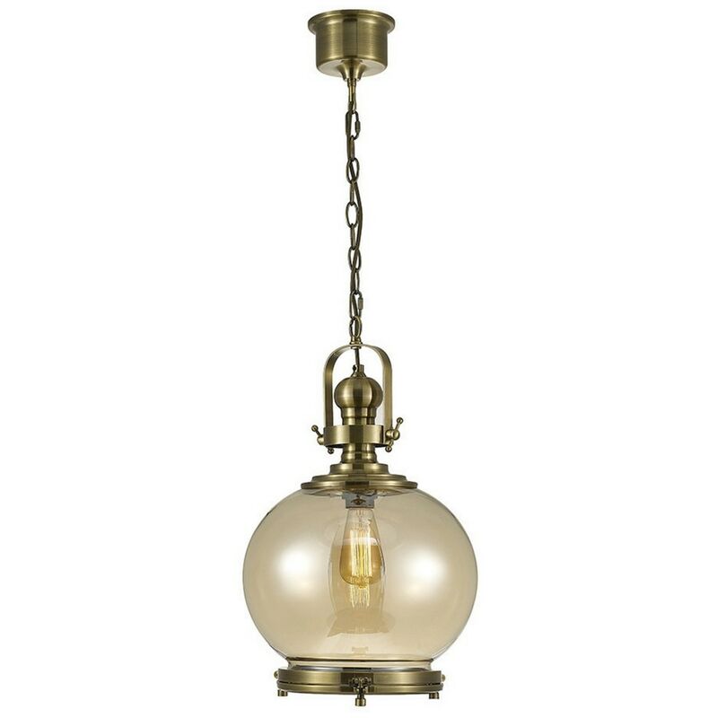 Image of Inspired Lighting - Inspired Diyas - Riley - Lampadario da soffitto a globo medio E27 in ottone antico, vetro cognac