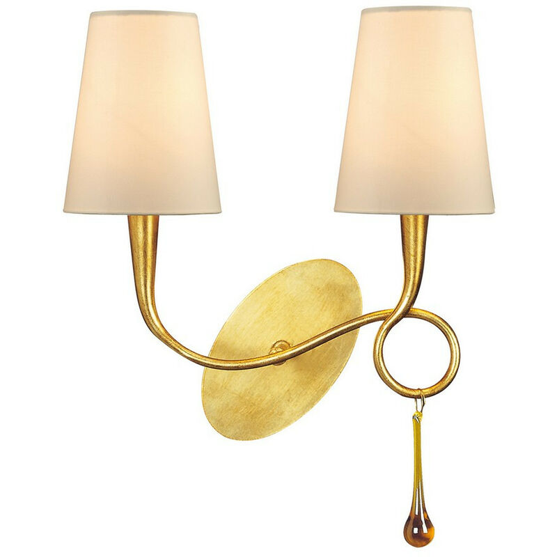 Image of Inspired Mantra Fusion Paola Lampada da parete Paola 2 luci E14, verniciata oro con paralumi crema e gocce di vetro ambra