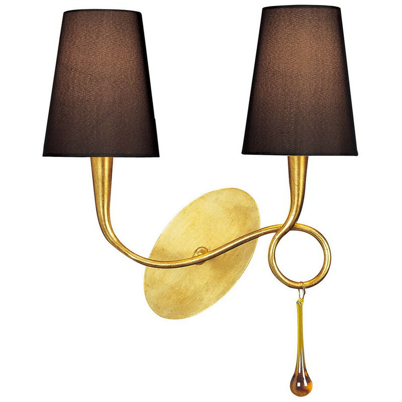 Image of Inspired Lighting - Inspired Mantra Fusion Paola Lampada da parete Paola 2 luci E14, verniciata oro con paralumi neri e gocce di vetro ambra