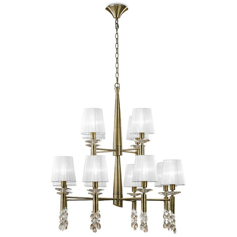 Diyas - Inspired Mantra Fusion Tiffany Pendente Tiffany 2 livelli 12+12 luci E14+G9, ottone anticato con sfumature bianche e cristallo trasparente