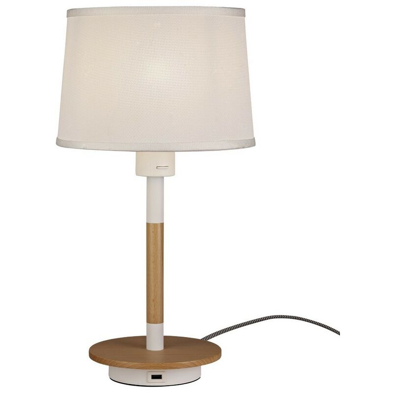 Image of Inspired Mantra Nordica - Lampada da Tavolo con Presa usb, 1x23W E27, Bianco, Faggio con Paralume Bianco