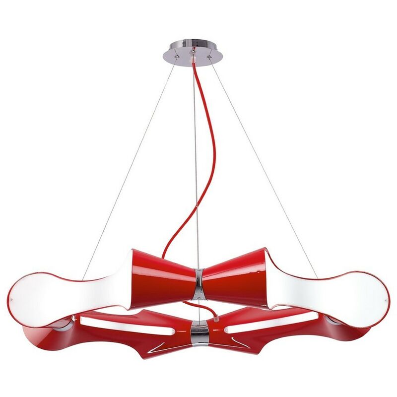 Diyas - Inspired Mantra - Ora - Sospensione a soffitto 8 luci piatte rotonde E27, rosso lucido, acrilico bianco, cromo lucido