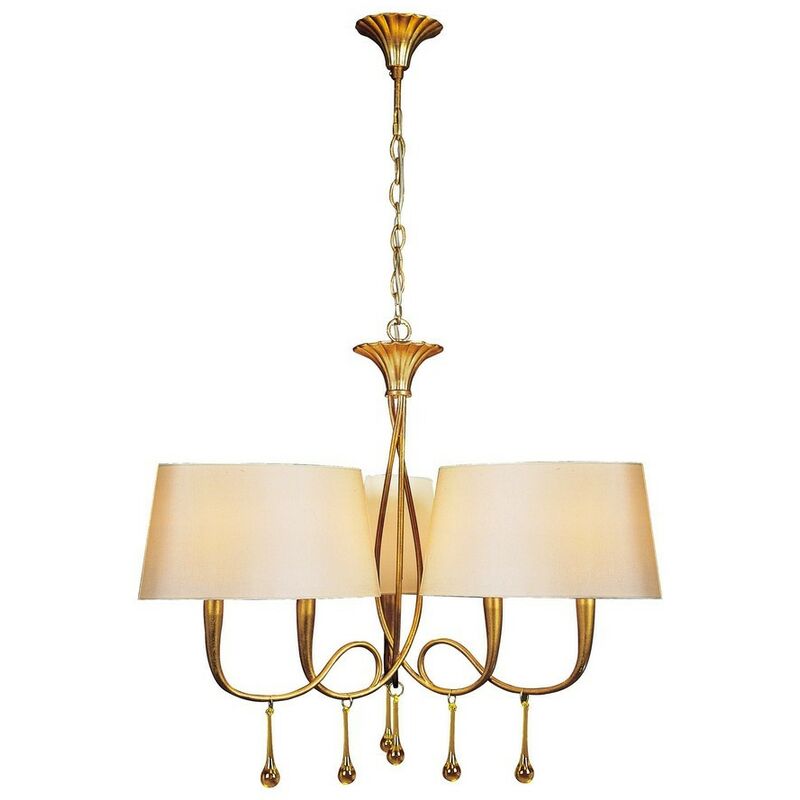 Image of Inspired Lighting - Inspired Mantra - Paola - Sospensione a soffitto a 3 bracci e 6 luci E14, verniciata in oro con sfumature crema e goccioline di