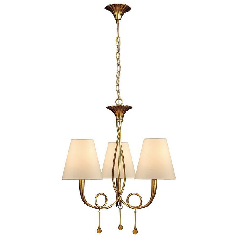 Image of Inspired Mantra - Paola - Sospensione a soffitto a 3 luci E14, verniciata in oro con sfumature crema e goccioline di vetro ambra