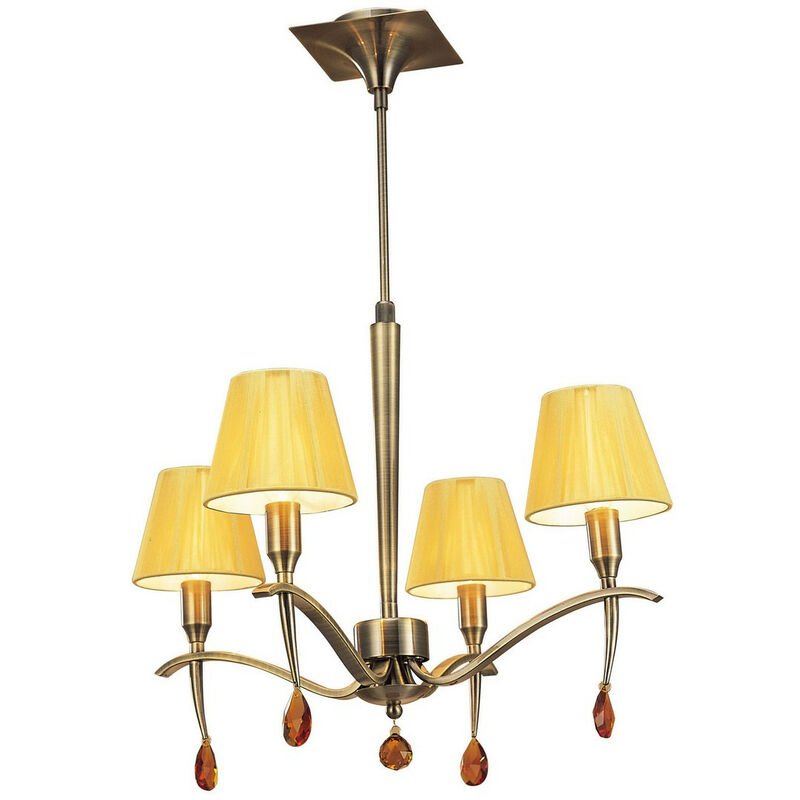 Inspired Mantra Siena Pendente Rotondo 4 Luci E14, In Ottone Anticato Con Paralumi Crema Ambra e Cristallo Ambra