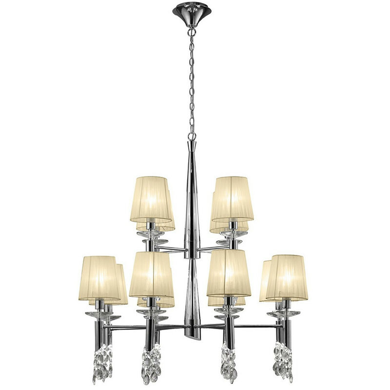 Image of Inspired Lighting - Inspired Mantra Tiffany Pendente 2 livelli 12+12 luci E14+G9, cromo lucido con paralumi crema e cristallo trasparente