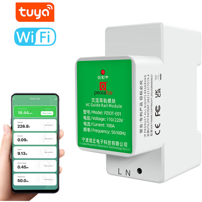 Installation de compteur d'électricité Wifi monophasé intelligent Compteur de tension et de courant Connexion bt Smartphone Peacefair Tuya Double app
