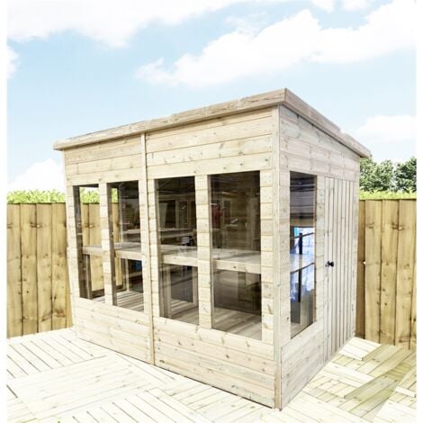 INSTALLED 9 x 8 Pressure Treated Tongue And Groove Pent Summerhouse - Potting Shed - Bench + Safety Toughened Glass + RIM Lock with Key (9'x 8' / 9ft x 8ft)