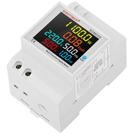 Instrument de mesure multifonctionnel monophasé pour usage domestique, avec affichage numérique sur rail DIN, mesurant la tension, le courant, la fréquence, le facteur de puissance et la puissance.