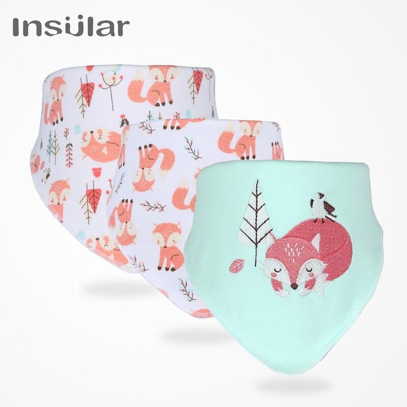 

3 piezas babero de algodon para bebe, babero ultra suave, doble broche, bordado delicado para ninos y ninas de 0 a 36 meses,Multicolor, Fox - Insular