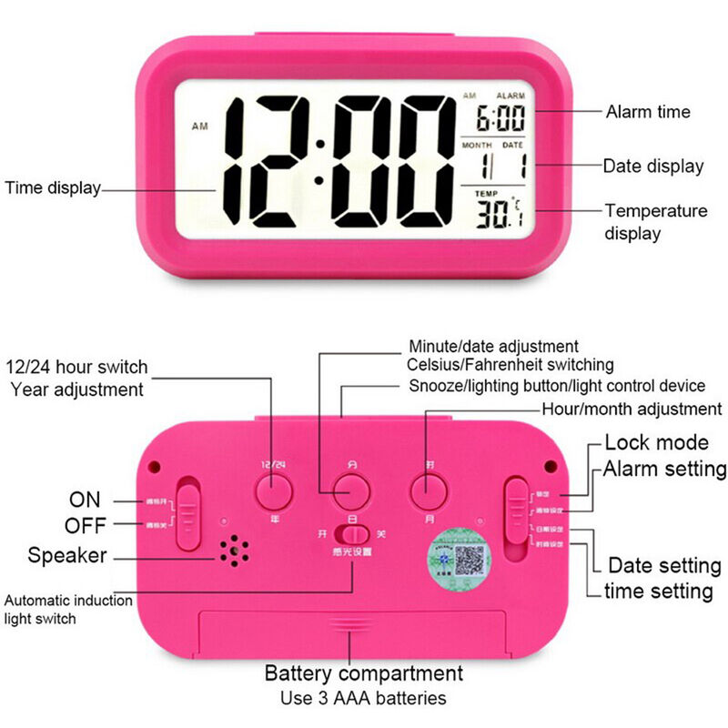 

Inteligente reloj despertador digital con la fecha y boton Snooze de la temperatura en la cima con pilas del rectangulo Reloj de mesa con luz de