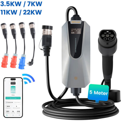 Intelligent Câble de recharge Type 2 3.5-32A 22kW triphasé 5m portable pour Tesla BMW JUNSUN