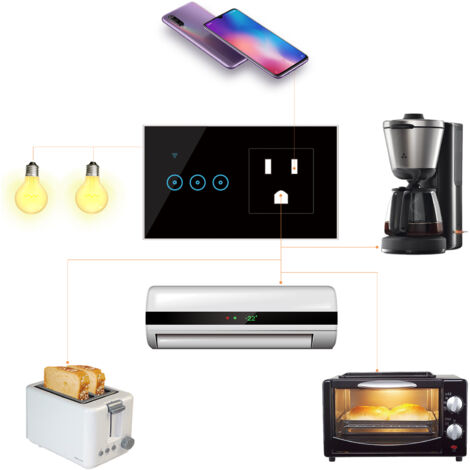 Intelligente 2-in-1-WLAN-Steckdose zur Wandmontage mit Sprachsteuerung, Touchscreen und Alexa-Kompatibilität. ABS, Schwarz/Weiß, 146 x 86 x 35 mm, 247 g