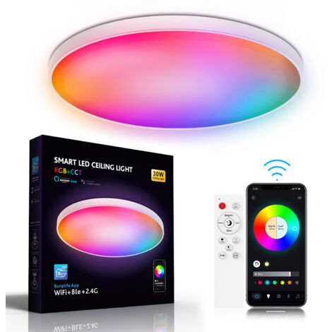 Intelligente 30-W-LED-Deckenleuchte für Schlafzimmer, RGB-Farben (16 Millionen Farben), einstellbare Farbtemperatur von 2700 K bis 6500 K, App-Steuerung, 30 x 30 x 5,5 cm