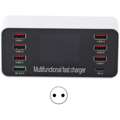 Intelligente 8-Port-Ladestation mit LED-Digitalanzeige, QC3.0 PD 60W, EU-Stecker 100–240V