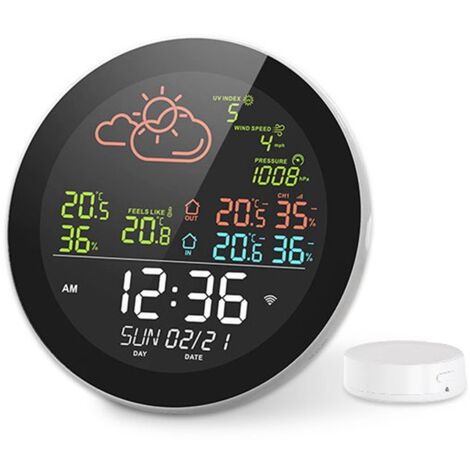 Intelligente Wetterstation, kabelloses Thermometer mit digitaler Atomuhr, großes Display, Temperatur- und Feuchtigkeitsmonitor für Innen- und Außenräume
