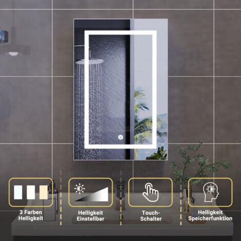 ROSAHQNDA Intelligenter Badezimmerspiegelschrank mit LED-Beleuchtung, Doppeltür, Speichermodus, einstellbarer Beleuchtung, an der Wand montierte Wandschränke mit mehreren Aufbewahrungsmöglichkeiten, 80 x 60 cm