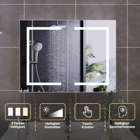 ROSAHQNDA Intelligenter Badezimmerspiegelschrank mit LED-Beleuchtung, Doppeltür, Speichermodus, einstellbarer Beleuchtung, an der Wand montierte Wandschränke mit mehreren Aufbewahrungsmöglichkeiten, 80 x 60 cm
