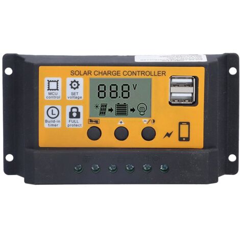 Intelligenter Dual-USB-3-Stufen-PWM-Solar-Laderegler, Photovoltaik-Solarpanel-Batterieregler mit LCD-Hintergrundbeleuchtung, 12 V 24 V 10 A (gelb)