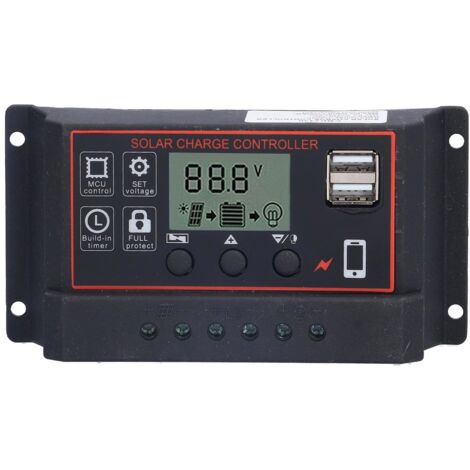 Intelligenter Dual-USB-3-Stufen-PWM-Solar-Laderegler, Photovoltaik-Solarpanel-Batterieregler mit LCD-Hintergrundbeleuchtung, 12 V 24 V 10 A (Rot)
