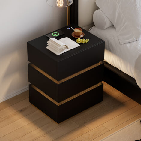 Intelligenter Nachttisch mit 3 Schubladen – dimmbare Ambiente-LED, Drahtlos- / USB-Ladefunktion, modernes Design
