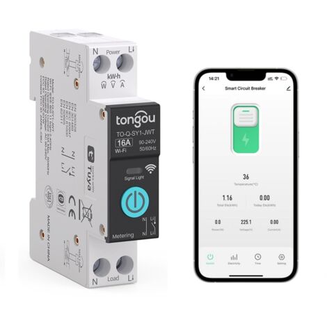 Intelligenter Schalter, 1-poliger WLAN-Leistungsschalter, DIY-Smart-Schalter kompatibel mit Alexa, Google Assistant, Smart Life, TUYA – Messung, Sprachsteuerung und Zeitschaltuhrfunktion, 16 A