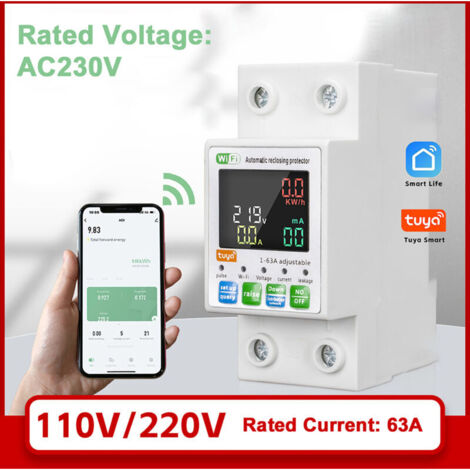 Intelligenter WLAN-Leistungsschalter (AC 63A) mit Fehlerstromschutzschalter, Über-/Unterspannungsschutz, Relais, Energieschalter, Stromzähler (kWh), 230 V