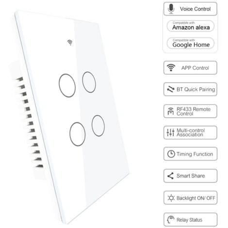Intelligenter WLAN-Schalter, 4-fach, Touchpanel, Schwarz/Weiß (120 mm), gehärtetes Glas, US-Standard, Mehrfachsteuerung, Alexa-App, RF433-Timer