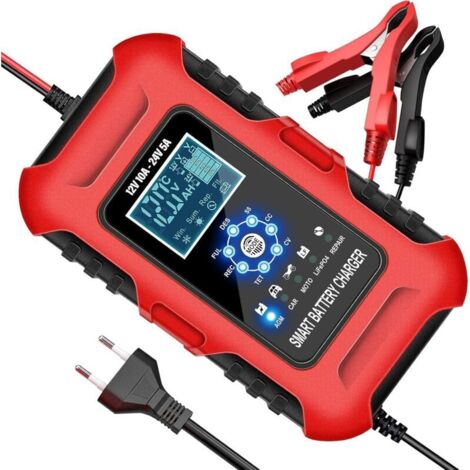 Intelligentes 10A 12V/24V Batterieladegerät für Autos und Motorräder mit LCD-Bildschirm, Temperaturkompensation und Reparaturmodus.