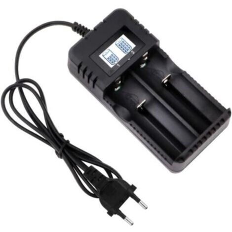 Intelligentes 2-Slot-Ladegerät für 18650-Akkus mit Schnellladefunktion und LCD-Display. Kompatibel mit 3,7-V-Li-Ion-Akkus der Typen 26650 und 18650. Mit Sicherheitsfunktionen.