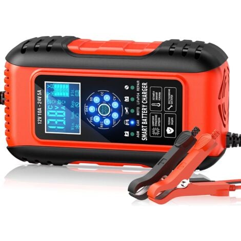 ERSANDY Intelligentes Batterieladegerät 10 A 12 V/5 A 24 V, Batterieladegerät-Wartung und automatische Reparatur, tragbare Funktion mit LCD-Display, für Auto, Motorrad, LKW, AGM, Gel, Nass, SLA