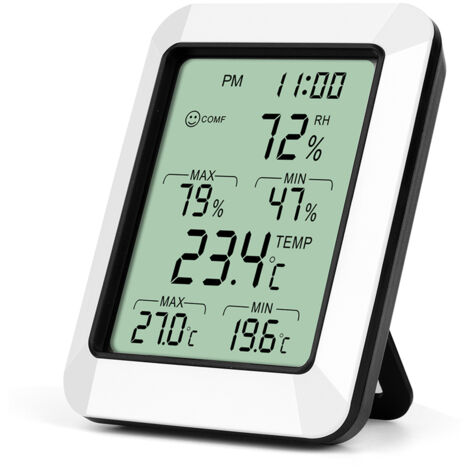 Intelligentes Thermometer-Hygrometer mit LCD-Bildschirm, stündlichem Alarm und Anzeige von Maximal- und Minimalwerten.