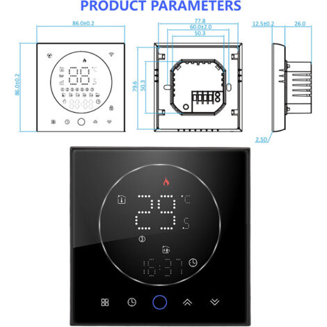 Intelligentes Thermostat für Zuhause, ±1 °C Genauigkeit, NTC3950, 86 mm Einbauhöhe, AC 95–240 V, Schwarz, PC/ABS, 7-Tage-Programmierung, 6 Intervalle, mehrfarbiges LED-Display, IP20, kapazitiv