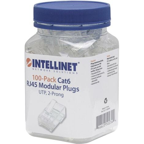 Intellinet 502344 Pack de 100 modules RJ45 catégorie 6 Intellilnet, fiche modulaire UTP, 2 points, pour câble 100 fiche - transparent