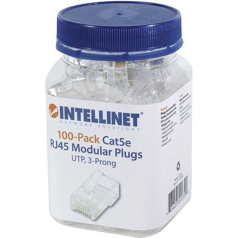 Intellinet Pack de 100 modules RJ45 catégorie 5e, câble UTP 3 points, fiche modulaire UTP, pour fil massif, 100 fiches par tasse 502399 Contact à s Q040012
