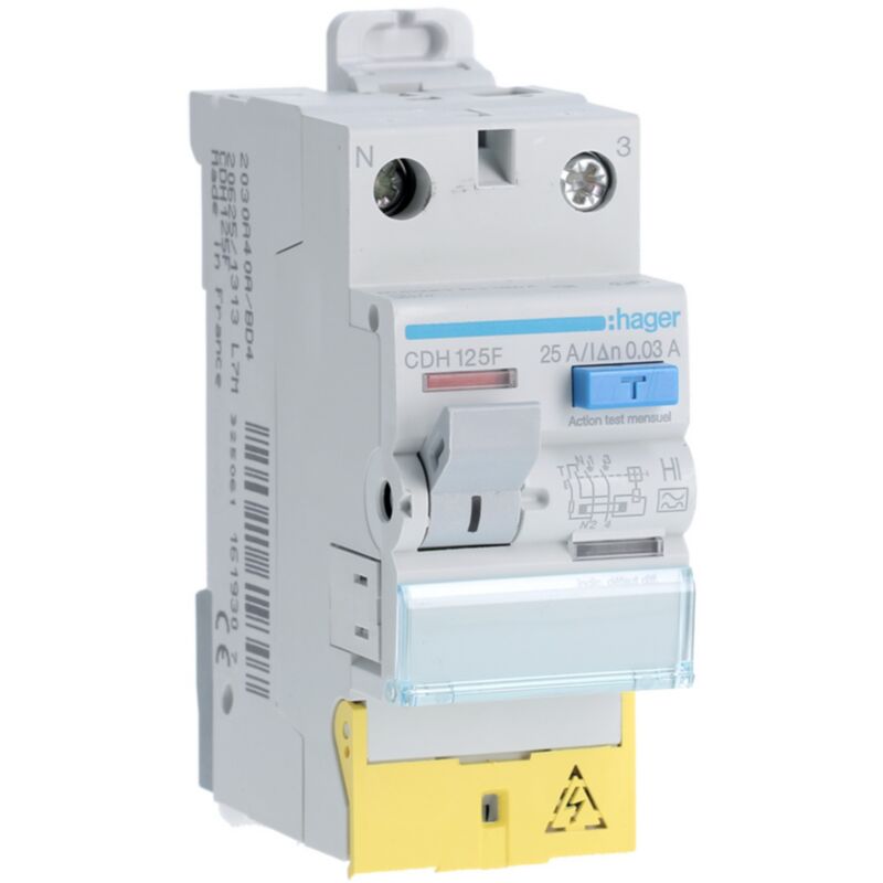 Interrupteur différentiel 1P+N 25A 30mA type haute immunité à bornes décalées HAGER CDH125F