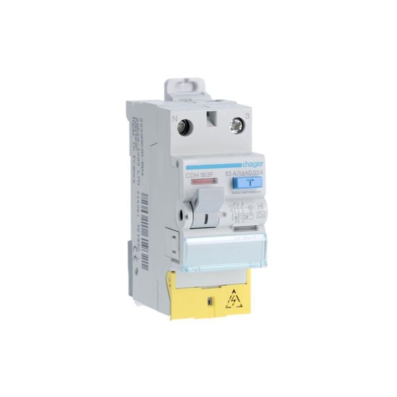 Hager - Interrupteur différentiel 1P+N 63A 30mA type haute immunité à bornes décalées CDH163F