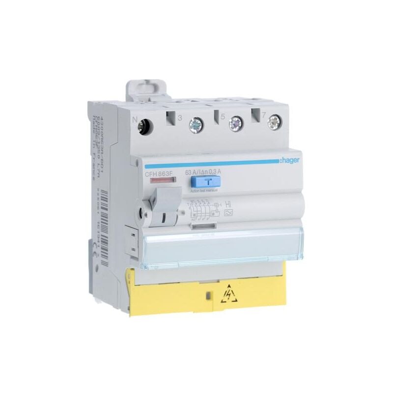 Interrupteur différentiel 3P+N 63A 300mA type haute immunité à bornes décalées Hager CFH863F