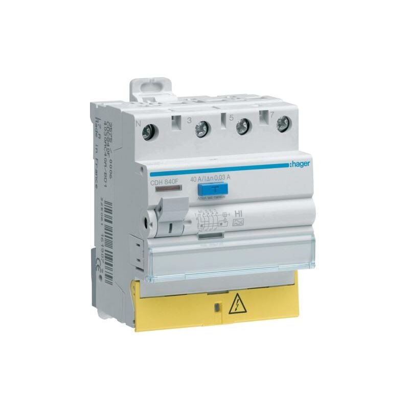 Hager - Interrupteur différentiel 3P+N 40A 30mA type haute immunité à bornes décalées CDH840F